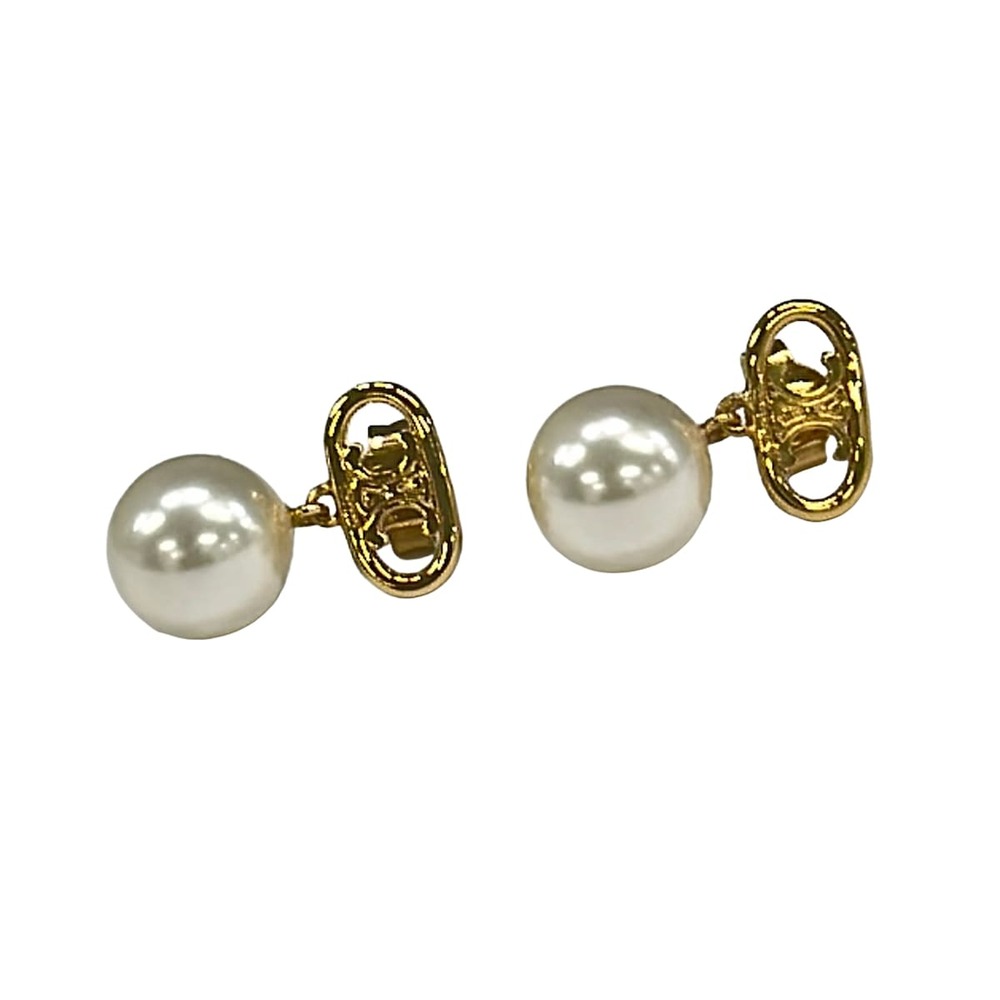 Celine Maillon Triomphe Earrings Gold Cream Hardware Faux Pearl